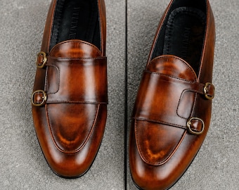 Handmade Leather Loafers Double Monk Strap Dress Shoes Men's Slip On Formal Wedding Office Shoes