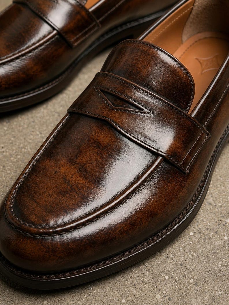 Close-up of a dark brown leather penny loafer showing polished finish, classic strap detail, moccasin toe stitching, and tan leather lining.