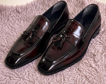 Handmade brown leather tassel loafers for men - slip-on wedding dress shoes- gift for him