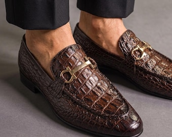 Luxury Men's Croc Embossed Leather Loafers – Handmade Brown Slip-On Formal Shoes, Designer Moccasins for Wedding