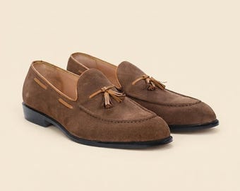 Handmade Men's Brown Suede Tassel Loafers – Leather Moc Toe Dress Shoes