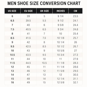 May include: A black and white shoe size conversion chart titled RioxLeather Men Shoe Size Conversion Chart. The table lists US, EU, and UK sizes alongside corresponding foot measurements in inches and centimeters, ranging from US size 6 to 16.