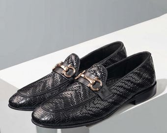 Handmade Black Leather Loafers for Men  Woven Embossed Dress Shoes  Luxury Horsebit Slip On Shoes  Formal Wedding Flats