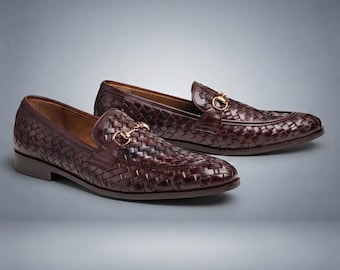 Handmade Woven Leather Loafers for Men Brown Horsebit Slip On Dress Shoes Luxury Braided Leather Moccasins Gift for Him