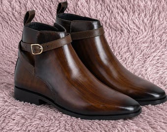 Handmade Mens Leather Chelsea Boots, Brown Ankle Boots with Buckle Strap, Wedding Dress Shoes, Gift for Him