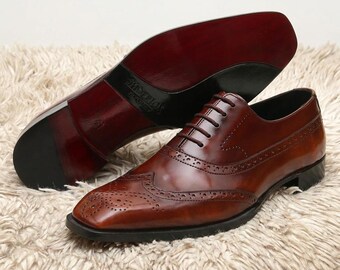 Men's Oxford Shoes Handmade Brown Leather  Wingtip Brogue Dress Shoes Formal Leather Lace Up Shoes Wedding  Luxury Office Footwear