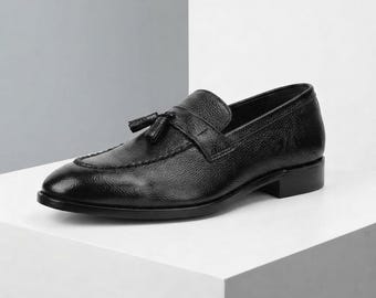 Handmade Black Leather Tasse Loafers for Men  Luxury Slip-On Dress Shoes  Formal Wedding & Business Shoes
