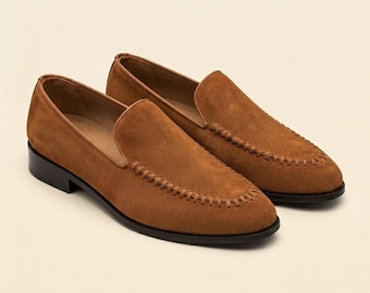 Men’s Suede Loafers Tan Brown Handmade Leather Slip On Shoes Moc Toe Dress Shoes