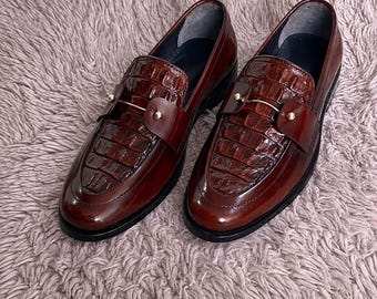Handmade Men’s Leather Loafers, Brown Croc Embossed, Wedding Shoes Gift For Him