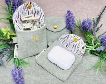 Mini Snap Pouch, AirPods Holder, Small Coin & Cash Pouch, Lavender Floral Earbud Case, Handmade Keychain Pouch