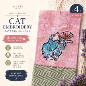 Pode incluir: Um tecido rosa com um bordado de gato em quimono com um leque. O texto diz "CAT EMBROIDERY PATTERN BUNDLE" com "4 DESIGNS IN ONE PACK". Inclui arquivos PNG e está pronto para impressão para bastidores de 10-12 cm.