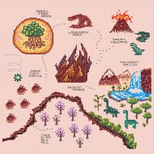 Pode incluir: Um padrão de ponto cruz num fundo rosa claro apresentando um mapa com ícones rotulados como Green Food Oasis, Long Neck Rock, Tar Pit Volcano, The Great Valley, Desert Peaks, Giant Foot Prints e Tree Star Old Hill com dinossauros.