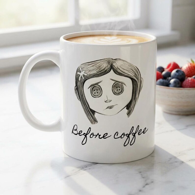 Coraline Ceramic Mug, 2 sided (11oz) Before Coffee - After Coffee - Original art! image 2