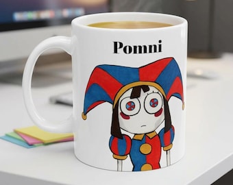 Taza de cerámica Pomni (325 ml). Frase en la parte posterior: Para un compañero de trabajo. Obra de arte original.