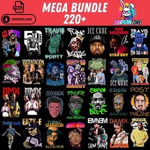 May include: A digital graphic featuring a collection of over 220 images of musicians and artists, including Lil Wayne, 50 Cent, Tupac, Ice Cube, and The Weeknd. The design includes text that reads "MEGA BUNDLE 220+" and "DOWNLOAD".