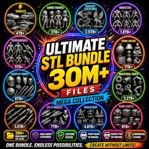 Può includere: Un grafico digitale intitolato Ultimate STL Bundle 30M+ Files Mega Collection. Presenta dodici icone circolari che mostrano varie categorie di modelli 3D come veicoli, figure anime, creature fantastiche, mostri, supereroi e decorazioni.