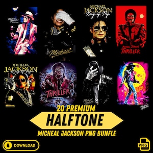 Può includere: Una collezione di otto immagini con Michael Jackson in varie pose e stili. Le immagini includono testo come "Michael Jackson King of Pop" e "Thriller". Le immagini utilizzano una varietà di colori, tra cui rosso, nero e bianco. Sono visibili anche le parole "20 Premium Halftone" e "Micheal Jackson PNG Bundle".