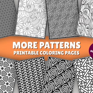 May include: A collection of eight black and white printable coloring pages featuring various geometric, floral, and abstract patterns. The image includes the text MORE PATTERNS PRINTABLE COLORING PAGES and a purple circle with DIGITAL DOWNLOAD text.