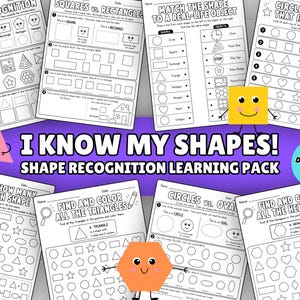 May include: A collection of educational worksheets titled I KNOW MY SHAPES! SHAPE RECOGNITION LEARNING PACK. The black and white pages feature various geometric exercises, including shape identification, counting, and matching, with cartoon shape characters.