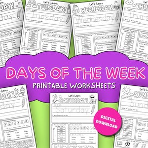 May include: A collection of seven black and white printable educational worksheets titled Days of the Week. Each page features tracing exercises, letter unscrambling, and calendar activities for Monday through Sunday, with a pink digital download badge.