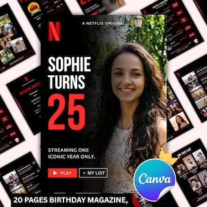 Può includere: Un modello di rivista di compleanno digitale con un'interfaccia ispirata a Netflix che riporta il testo Sophie Turns 25, Streaming One Iconic Year Only, Play e My List. Il design include un'area per ritratti e varie pagine.