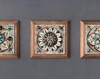 Conjunto de arte mural mediterráneo hecho a mano: decoración rústica de mandala turco, marco de madera estilo bohemio.