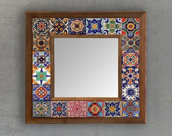 Handmade Mosaic Tile Mirror – Mediterranean Boho Wall Decor, Colorful Ceramic Frame (33x33)