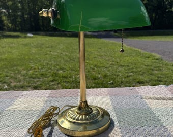 Vintage Green Glass and Brass Banker's Desk Lamp