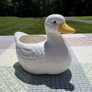 Vintage Cottage Core White Ceramic Duck Planter with Yellow Beak