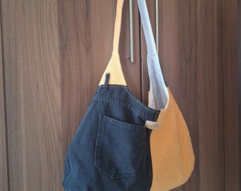 Handmade black denim and mustard chenille fabric Hobo bag