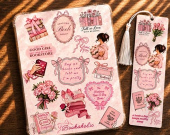 Bookish E-Reader nsert | Matching Bookmark + Sticker Sheet (Precut) | Pink Bows| Insert Fits All Cases