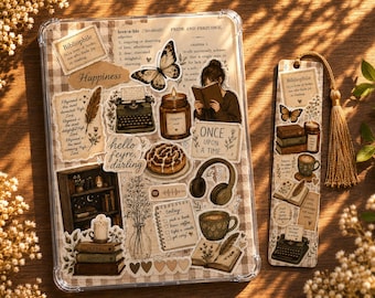 Cozy Neutral Bookish E-Reader Insert | Matching Bookmark + Sticker Sheets (Precut) Add Ons