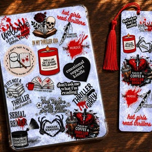 May include: A clear phone case and a bookmark with a thriller theme. The phone case has various stickers with text like "Thriller," "Serial Reader," and "Crime Scene Evidence." The bookmark features a red tassel and text like "Fueled by Coffee & Thriller Books."