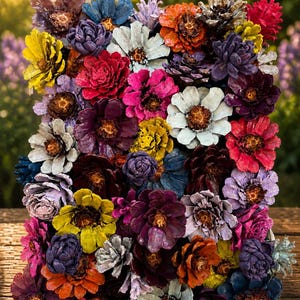 May include: A vibrant arrangement of painted pine cones, resembling a collection of colorful flowers. The cones are painted in a variety of hues, including red, yellow, blue, and purple. The arrangement is set against a blurred background of greenery.