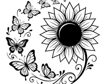SVG de girasol mariposa, SVG de girasol, SVG de girasol en espiral, SVG de insecto floral, SVG de archivo de corte de jardín, SVG de naturaleza, descarga instantánea