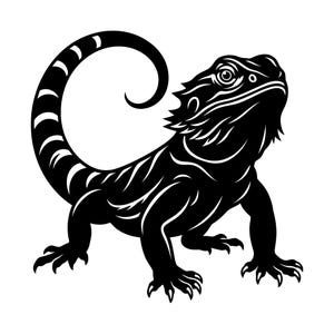 May include: A black and white illustration of a bearded dragon lizard. The lizard is depicted in a stylized, graphic design with intricate details, including a curled tail and textured skin. The image is set against a white background.