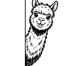 Cabeza de llama asomándose, SVG de alpaca, SVG de alpaca asomándose, siluetas de alpacas esponjosas, escenas de animales sudamericanos, descarga instantánea