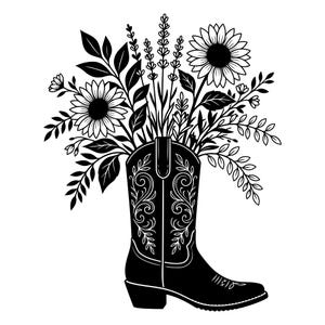 May include: Black and white illustration of a cowboy boot filled with sunflowers, lavender, and other foliage. The boot has decorative scrollwork. The image is a graphic design, suitable for country-themed decor or apparel.