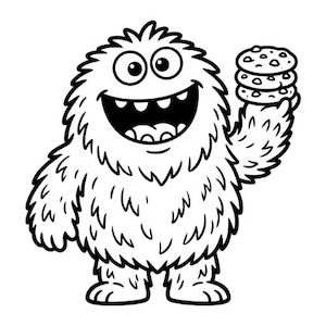 May include: A black and white cartoon illustration of a furry monster with a wide grin, holding a stack of three cookies. The monster has large eyes and a toothy smile, giving a friendly appearance. The cookies are round with chocolate chips.
