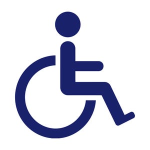Pode incluir: Um símbolo de cadeira de rodas azul marinho sobre um fundo branco. O símbolo mostra uma pessoa sentada numa cadeira de rodas, com uma roda circular de um lado. O design é simples e reconhecível.