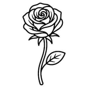 May include: A black and white line drawing of a rose. The rose has multiple petals and is in full bloom. The stem is curved with a single leaf. The image is a simple, elegant illustration.