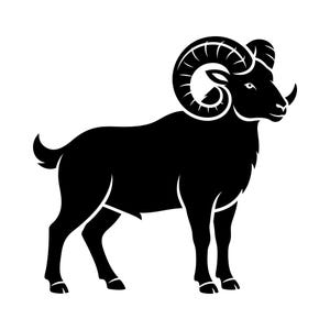May include: A black and white illustration of a ram, a symbol of the Aries zodiac sign. The ram is depicted in profile, with large, curved horns and a muscular build. The image is a clean, graphic design.