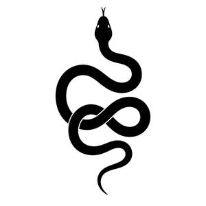 Könnte beinhalten: Illustration einer schwarzen Schlange auf weißem Hintergrund. Die Schlange ist in einem stilisierten, schleifenförmigen Muster gewickelt, mit erhobenem Kopf und ausgestreckter Zunge. Das Design ist einfach und grafisch.