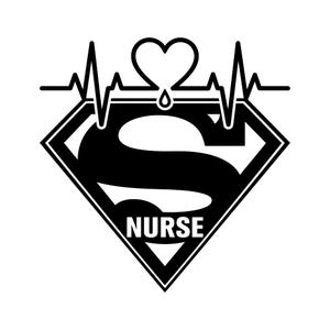Puede incluir: Gráfico en blanco y negro que presenta un corazón, una línea de latido cardíaco y una forma de diamante con la letra "S" en su interior. La palabra "NURSE" está en la parte inferior del diamante.