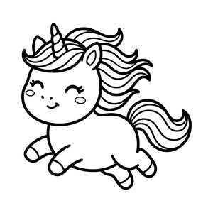 Peut inclure: Illustration en noir et blanc d'une licorne de dessin animé en mouvement. La licorne a une corne en spirale, une crinière flottante et une queue touffue. Elle a un visage souriant avec les yeux fermés et est soulignée de traits noirs épais.