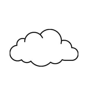 Può includere: Illustrazione in bianco e nero di una nuvola. La nuvola è delineata in nero e ha una forma soffice e arrotondata. L'immagine è su sfondo bianco.