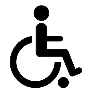 Pode incluir: Gráfico a preto e branco de uma pessoa numa cadeira de rodas. A figura é uma silhueta simplificada, com uma cabeça circular, corpo retangular e braços. A cadeira de rodas é representada por uma linha curva grande e um círculo pequeno.