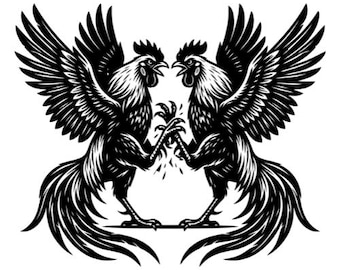 SVG de peleas de gallos, SVG de gallo de pelea, SVG de pollo luchador, SVG de gallos dobles, imágenes prediseñadas de peleas de gallos, silueta, descarga instantánea