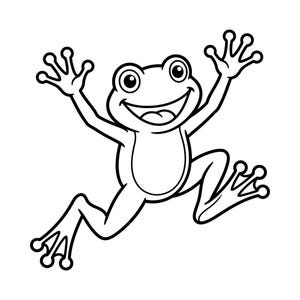 Pode incluir: Ilustração de desenho animado em preto e branco de um sapo saltando. O sapo tem os braços e as pernas estendidos, com um grande sorriso e olhos grandes. A imagem é um desenho de linha simples, adequado para designs infantis.