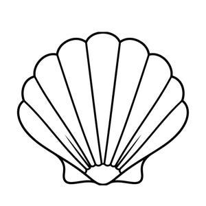 May include: A black and white line drawing of a scallop seashell. The shell has a fan-like shape with multiple curved ridges radiating from a central point. The outline is thick and bold, creating a simple yet elegant design.
